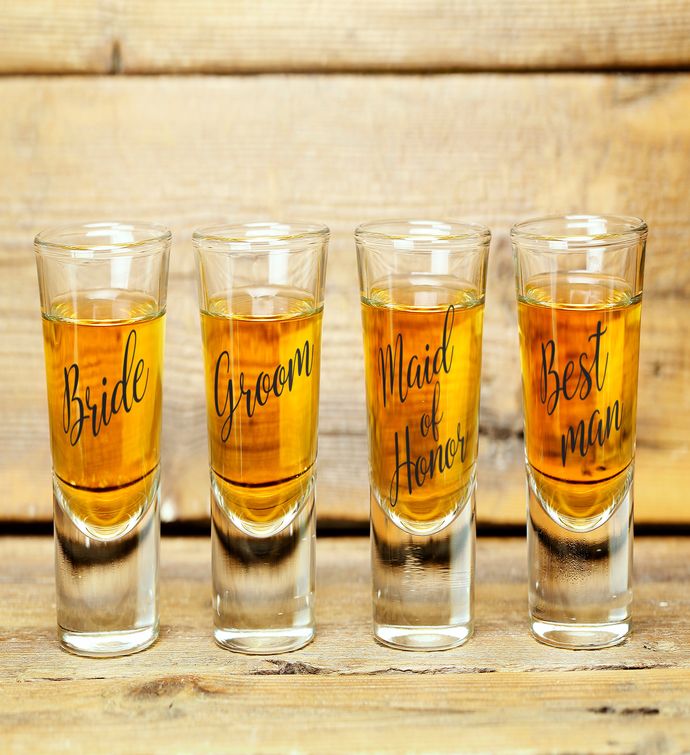Bride, Groom, Maid Of Honor, And Best Man Shot Glass Set